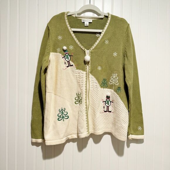 Christopher Banks Penguin Christmas Cardigan Sweater Front Zipper Size XL - Picture 1 of 7